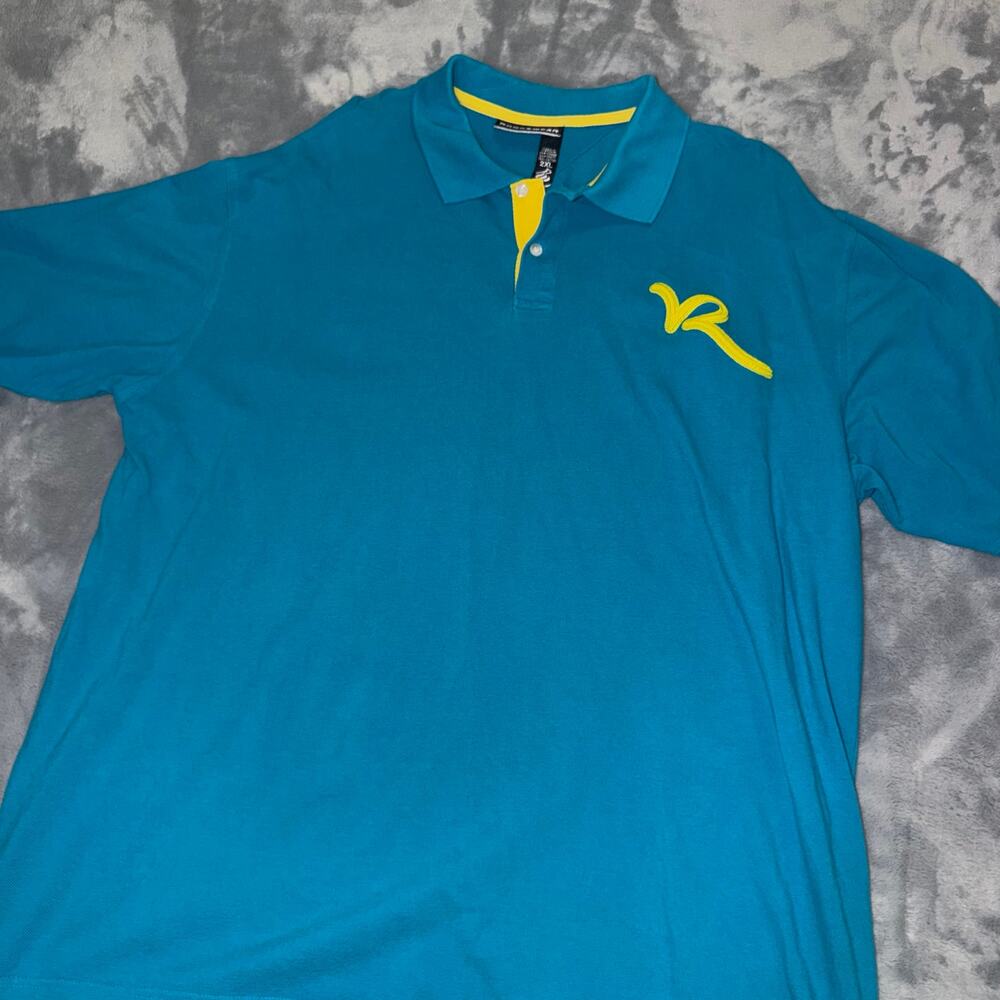 Rocawear Men’s Polo Shirt 2XL Teal Yellow Logo Short Sleeve Cotton Streetwear